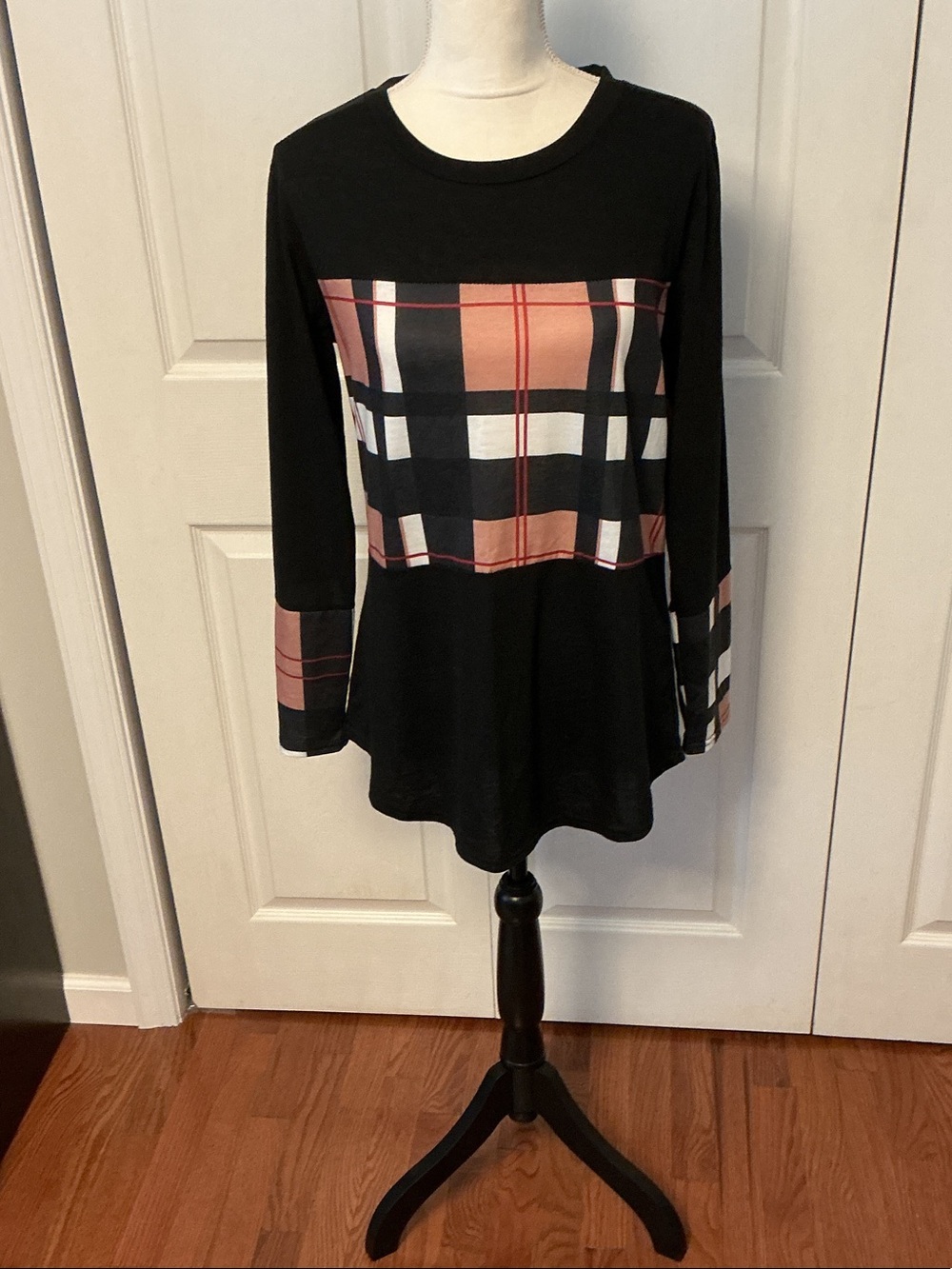 Women's Black Long-Sleeve Top with Pink Plaid Panel